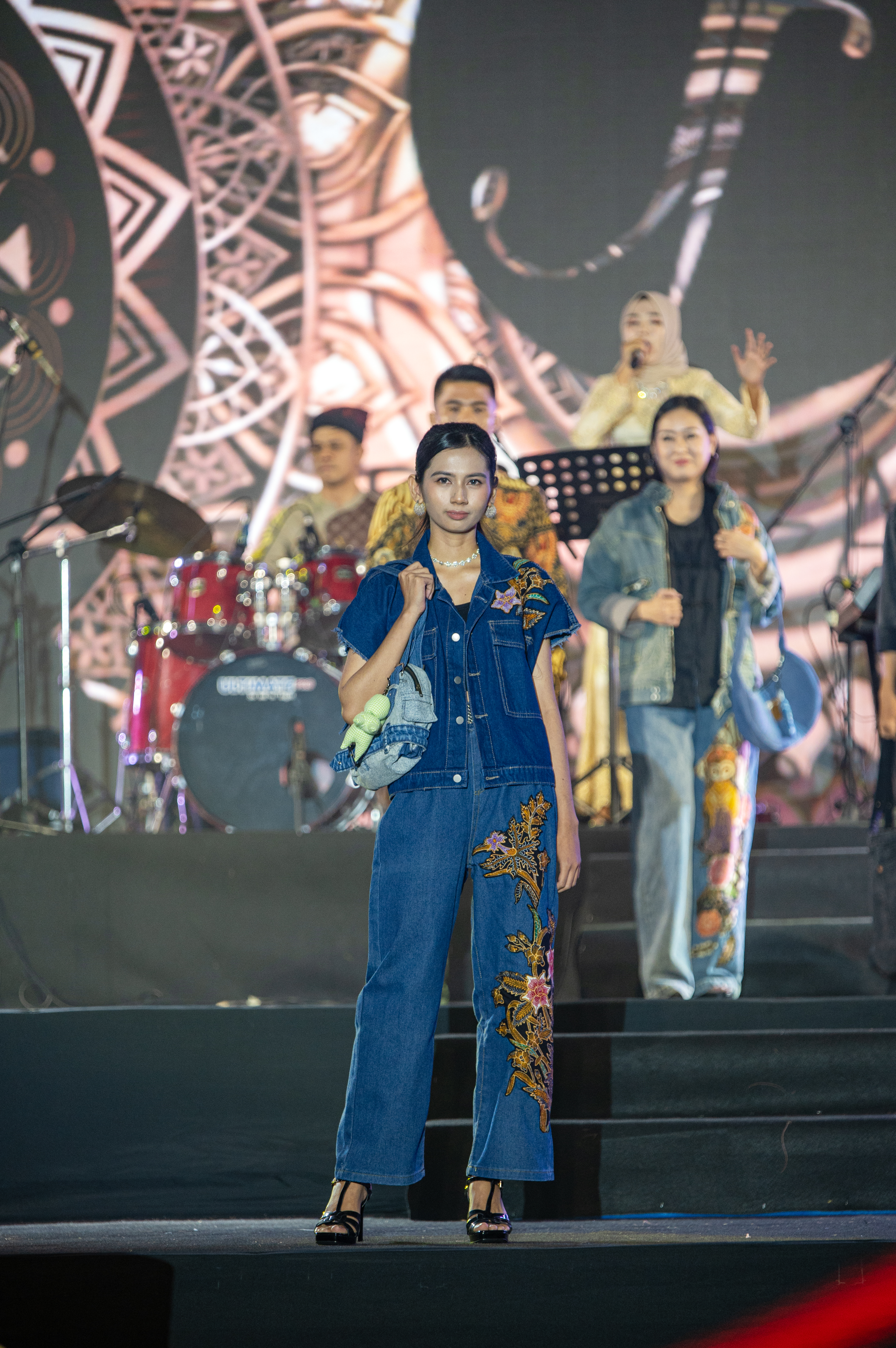 Model wearing upcycled denim fashion